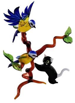 Preview: 2 Blaumeisen auf Ast mit Katze, stehend